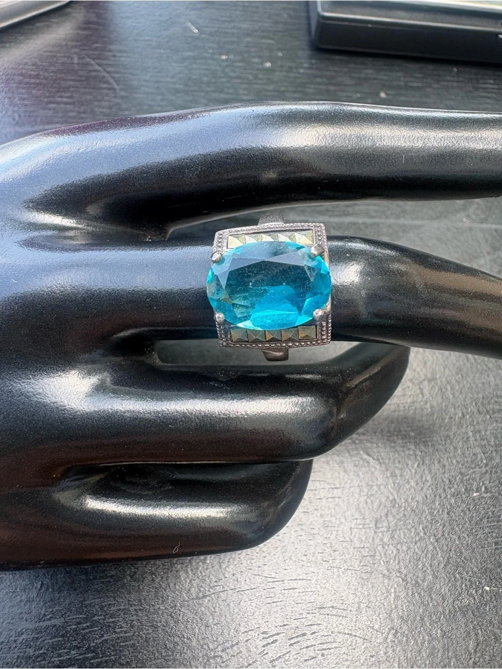 Sterling Silver Statement Ring with Blue Gemstone - Size 7.5